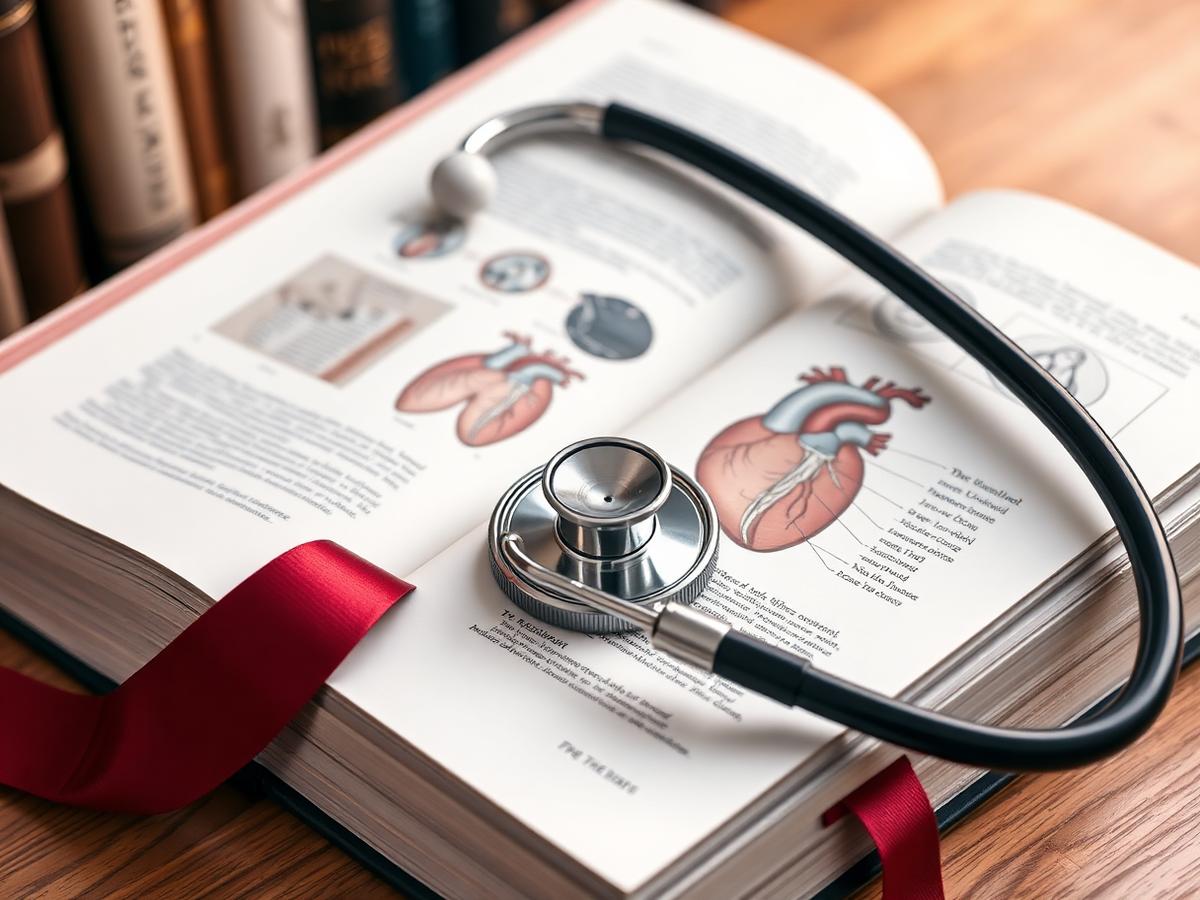 Stethoscope on an open cardiology textbook